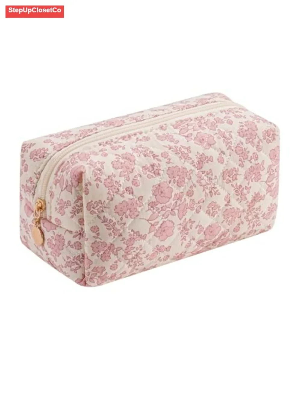 Quilted Cotton Square Makeup Bag with Metal Zipper, Cute Floral Design for